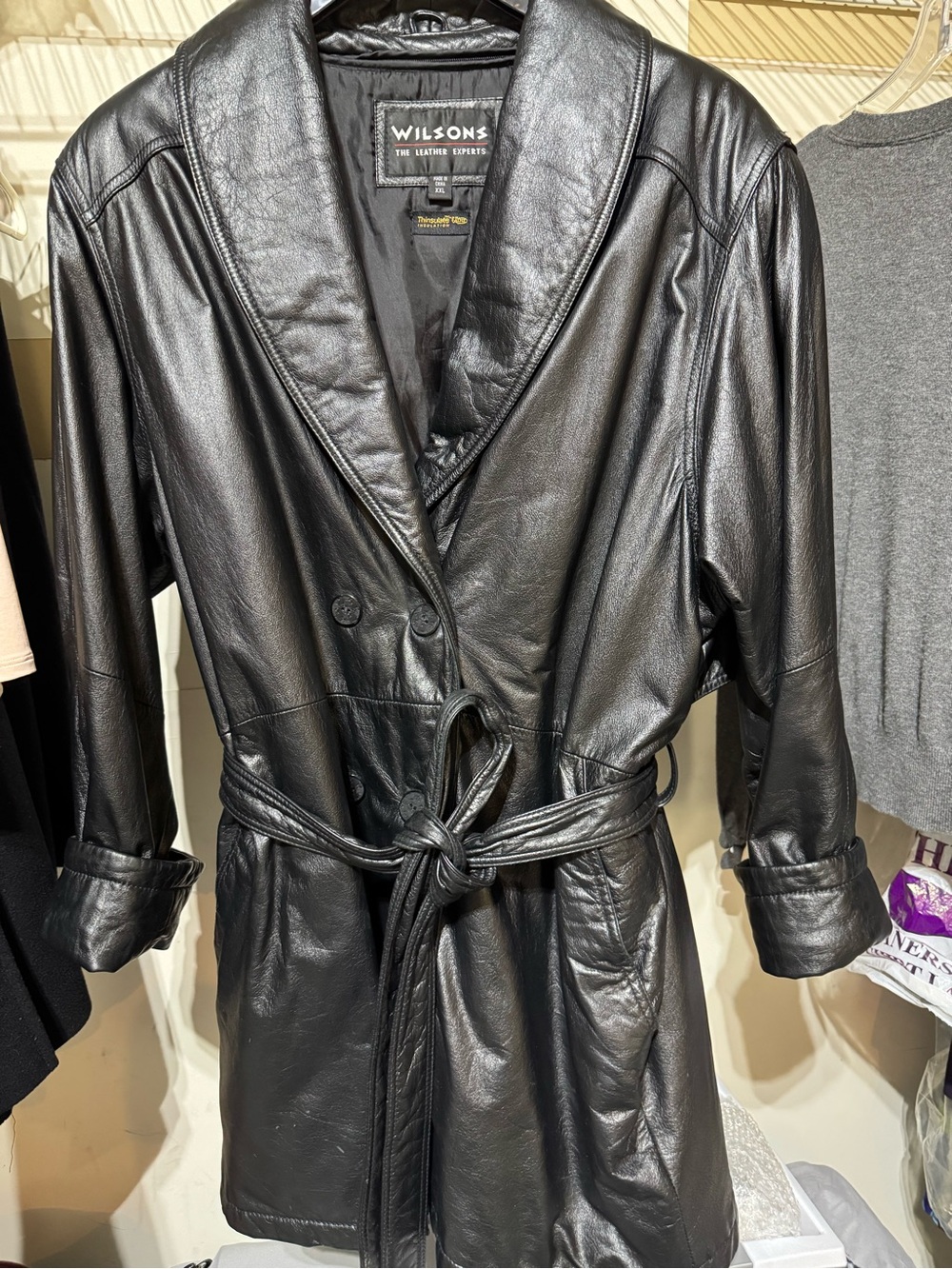 Wilsons Leather Black Leather Belted Coat XXL Thinsulate